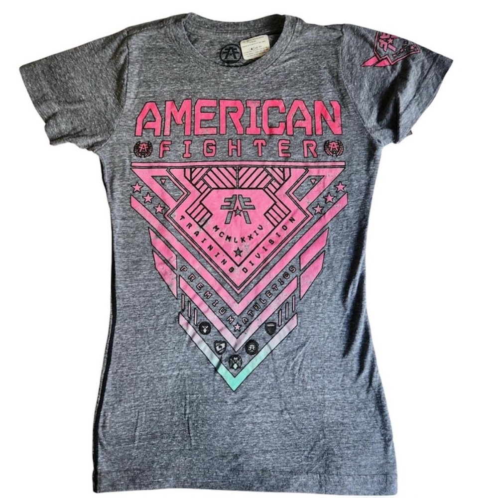 American Fighter Gray Tee with Pink Geometric Graphic NWT Size Small
